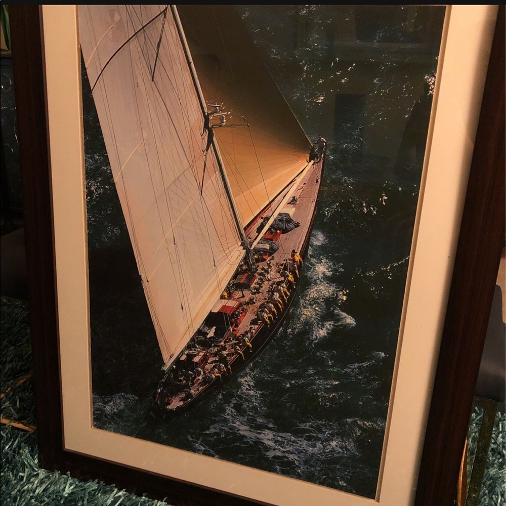 Sail boat teal color picture with heavy wood frame and glass
